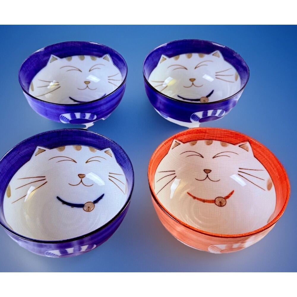 Japanese Cat Face Rice Bowls Set of 4 Blue & Orange Porcelain 5"
